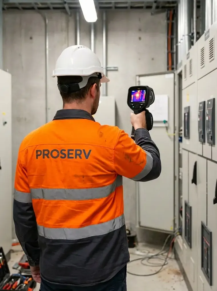 Técnico da Proserv realizando termografia em painel elétrico